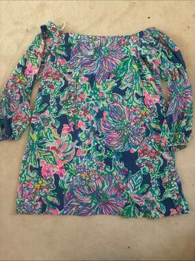 Lilly Pulitzer Off Shoulder Floral Blouse Top Size Large Blue Pink Green 3/4 Sle